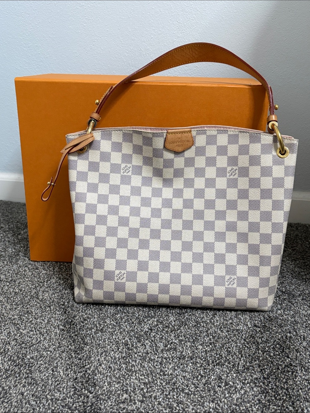 Louis Vuitton Damier Azur Check Shoulder Bag with Tan Leather Strap and Box